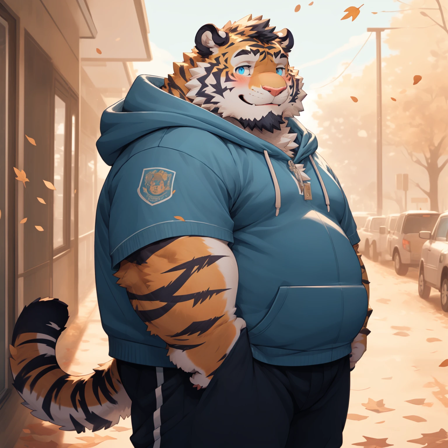 New Jersey 5 Furry,Tiger，portrait，Exquisite， Chubby，Fat，Thick arms，Rugged muscles，Plush fur，Chubby脸，Black eyebrows，Sky blue eyes，Beard，School，In the shade，Fallen Leaves，Hoodie，Pants，standing solo，blush，Smile