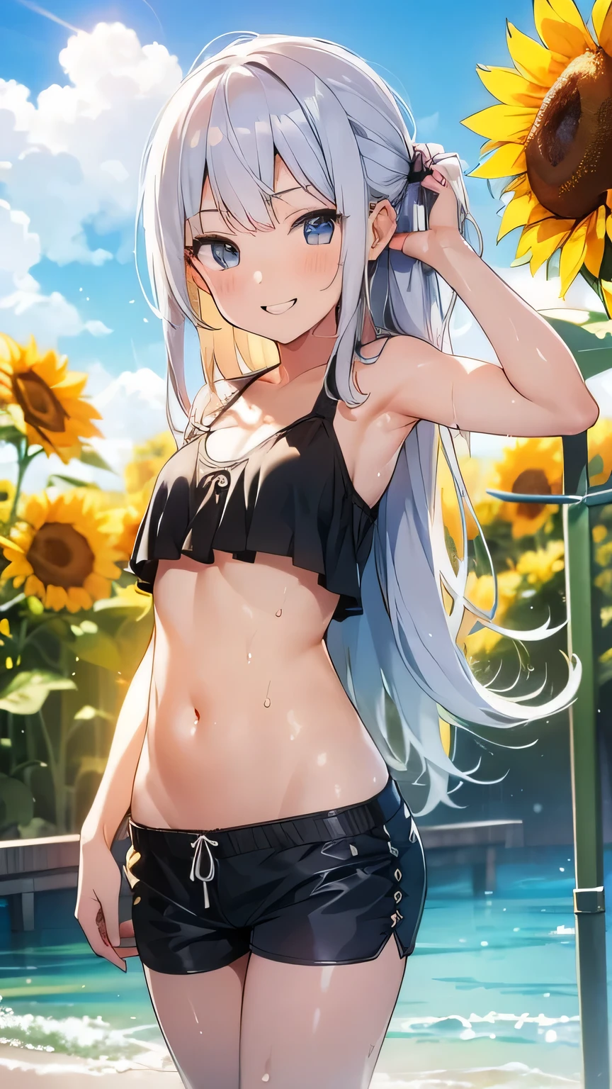 Best image quality,1People Girl,Silver Hair,Long Hair,Shiny Hair,black eye,Shining Eyes,smile,Double teeth,(Sunburn,Bikini Bag),sunflower,stream,Water Play,Wet,Tank top,Shorts,girl,small,small breasts,Navel Fashion