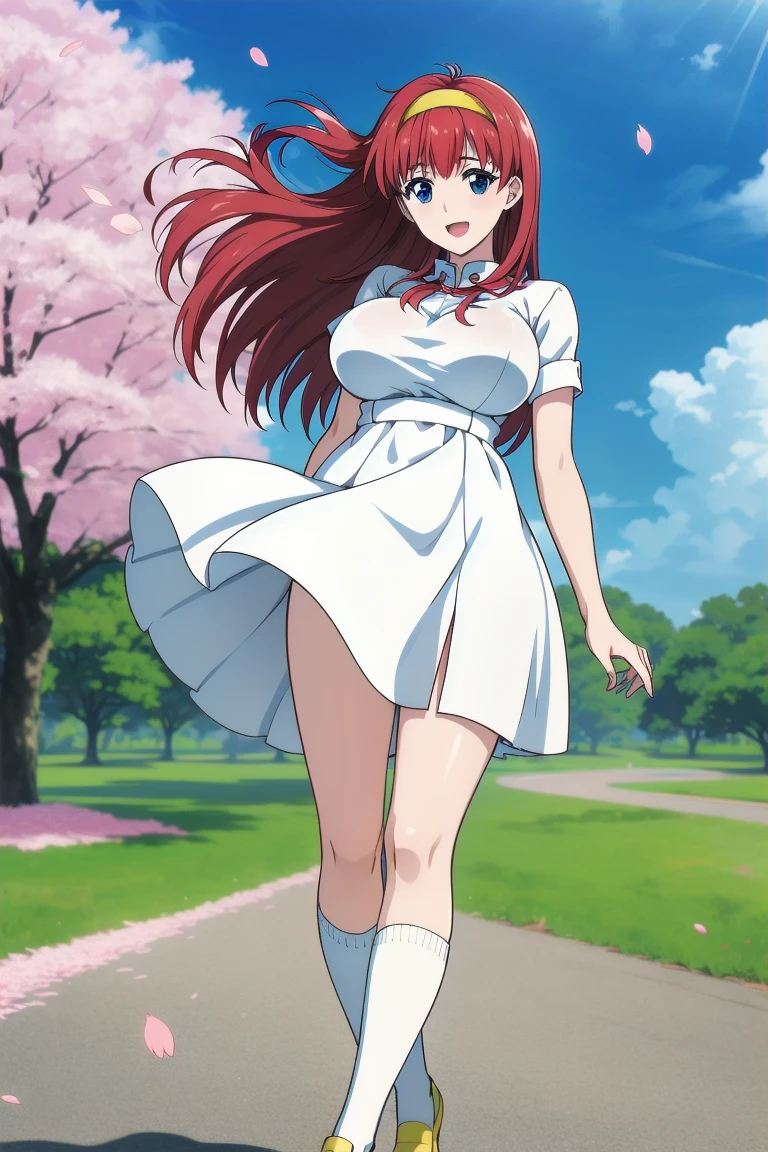 (Very beautiful face and eyes:1.2),(Laugh together),((Big Breasts))、The wind is blowing、White dress、
Beautiful legs、,Redhead、Yellow headband、cherry blossoms、
(highest quality,masterpiece:1.2),1 girl,Looking at the audience,
Natural light,Hair blowing in the wind,Beautifully detailed skies,High Knee Socks