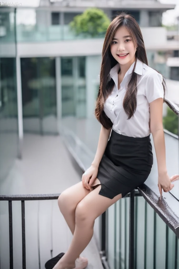 best quality, 8k, highly detailed face and skin texture, high resolution, huge tits long hair cute asian girl in white shirt and black short skirt at balcony with city view, full body, sharp focus