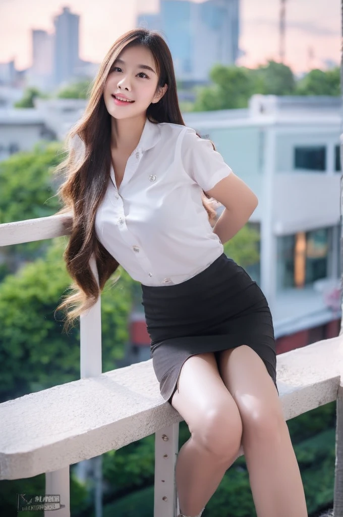 best quality, 8k, highly detailed face and skin texture, high resolution, huge tits long hair cute asian girl in white shirt and black short skirt at balcony with city view, full body, sharp focus