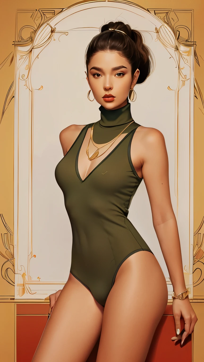 ((line art)), a beautiful, Mexican, polish and French, female model, goddess, olive skin ,hazel eyes, tight pony tail, sleeveless turtleneck, underwear, high heels,
diamond earrings, gold bracelets, gold thin necklace, beautiful skin, beautiful body, athletic body,