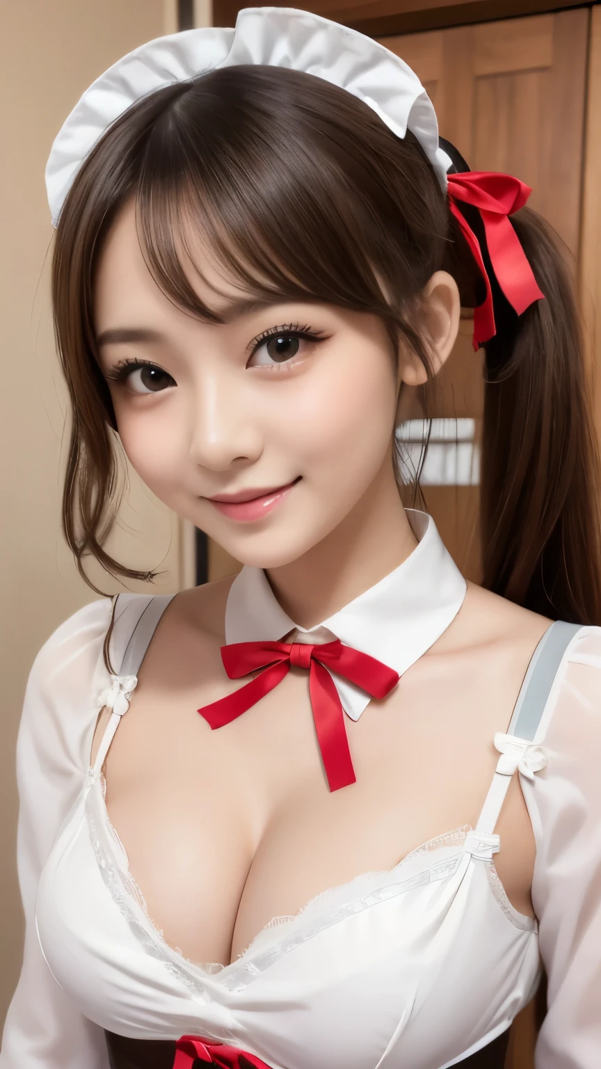 bright表情、Photorealistic:1.32、highest quality、超A high resolution、最も美しい日本のgirlの写真、Cute and beautiful face details、Small Face、美しいbangs、************、Radiant, fair, glowing skin、Hair gets tangled in the face、(girl１Only people:1.3)、顔まで伸びるbangs、bangs、Hair between the eyes、Attractive brown silky hair、bright、Her clear eyes shine charmingly、Dynamic pose、highest quality、Disorganized、((The cutest girl in the world))、Japanese、((French maid outfit with ribbon:1.3))、Newest Brands、(Side ponytail hair:1.3)、(Tie with a thin ribbon)、Nice and cute、An innocent smile、nice smile、Cleavage、(Large Breasts:1.3)、(Posing cutely:1.3)、Brown Hair、Small waist、Detailed beautiful eyes、View your viewers、Upper Body、Close-up of face、Front view、