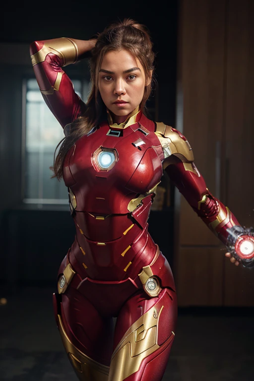 "Sydney Sweeney is Iron Man, wearing an Iron Man costumer with sexy physique, young face, intricate Iron Man costume, long pony tailed hair, showcasing her strength and determination while doing an Iron Man pose. Ultra high definition and resolution, capture every detail of her intense expression and powerful stance. Photorealism brings her presence to life."