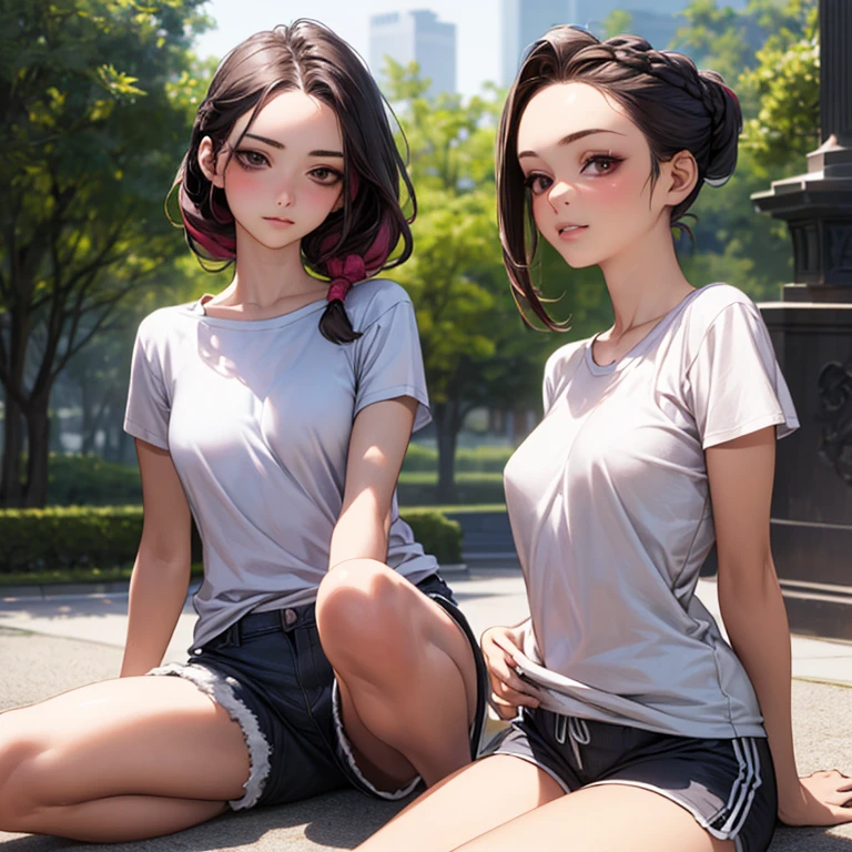 (masterpiece:1.2, highest quality), (Realistic, photoRealistic:1.4), Beautiful illustrations,
View your viewers, whole body, Front view:0.6,
1 girl, Japanese,, Hair fluttering,, bangs, amount,Beautiful Hair, Beautiful Face, Beautiful details, Beautiful clavicle, Beautiful body, Beautiful breasts, Beautiful thighs, Beautiful feet, Beautiful fingers,((Random scenery)),
((Random hairstyle:1.5)),((T-shirt shorts)),((Wink)),((Small breasts)),((Forehead Baring))