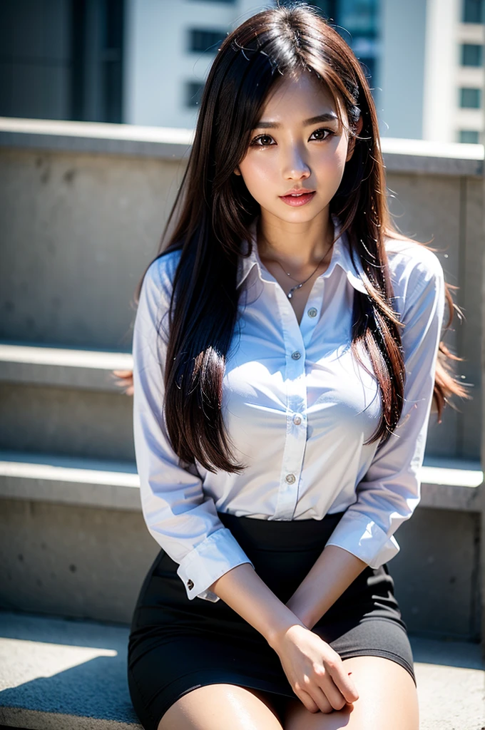 best quality, 8k, highly detailed face and skin texture, high resolution, huge tits long hair cute asian girl in white shirt and black short skirt at balcony with city view, full body, sharp focus
