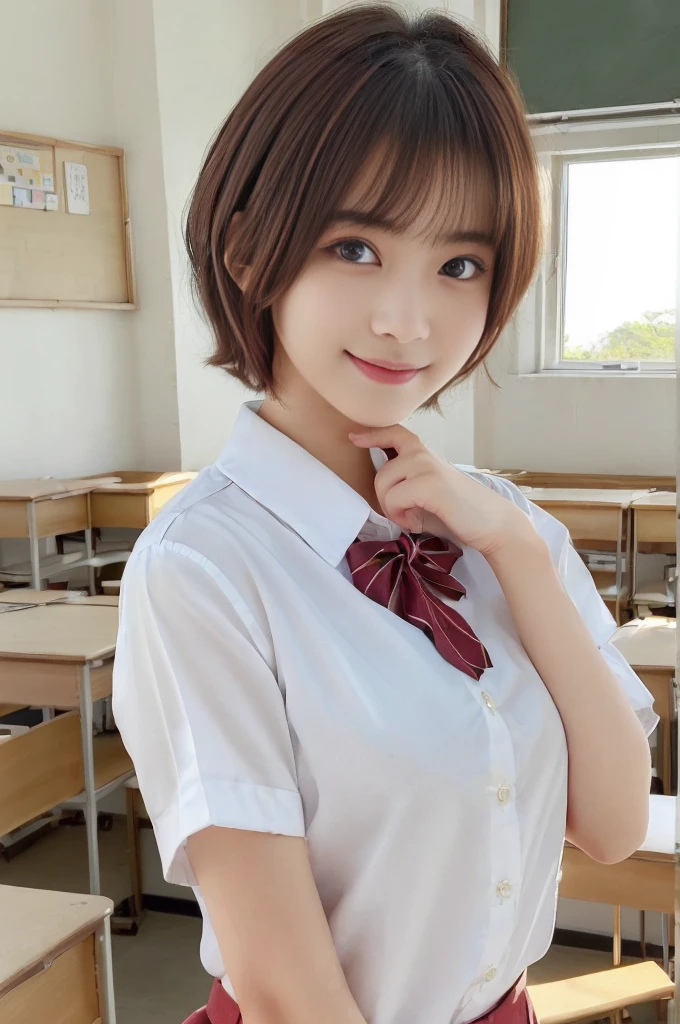 (best quality,4k,8k,highres,masterpiece:1.5),(ultra-detailed,realistic,photorealistic,photo-realistic:1.37),portrait,(looks ultra young Japanese girl,Incredibly Ultra Slim body:2.0),(cute breasts:1.25),(mesmerizingly beautiful face:1.5),(Close-up of her eyes:2.0++),(striking features,ultra cute and idol-like big smile:1.5),(distinctly expressive ultra beautiful eyes:2.0),beautifully shaped eyebrows,captivating gaze,delicately curved lips,natural rosy cheeks,vibrant charm,flawless and fair skin,subtle shading,realistic rendering,(She is wearing a summer uniform:1.5),(white shirt:1.5),(Blue Ribbon:1.2).(She has dark red hair:1.5),(ultra short hair:1.5),gently swaying,golden rays of sunlight gently illuminating the scene,elegant and graceful posture,creating a tranquil and serene atmosphere. She's in the classroom.