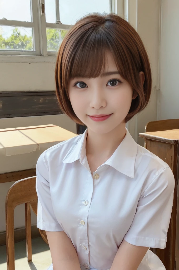 (best quality,4k,8k,highres,masterpiece:1.5),(ultra-detailed,realistic,photorealistic,photo-realistic:1.37),portrait,(looks ultra young Japanese girl,Incredibly Ultra Slim body:2.0),(cute breasts:1.25),(mesmerizingly beautiful face:1.5),(Close-up of her eyes:2.0++),(striking features,ultra cute and idol-like big smile:1.5),(distinctly expressive ultra beautiful eyes:2.0),beautifully shaped eyebrows,captivating gaze,delicately curved lips,natural rosy cheeks,vibrant charm,flawless and fair skin,subtle shading,realistic rendering,(She is wearing a summer junior high school uniform:1.5),(white shirt:1.5),(Blue Ribbon:1.2).(She has dark red hair:1.5),(ultra short hair:1.5),gently swaying,golden rays of sunlight gently illuminating the scene,elegant and graceful posture,creating a tranquil and serene atmosphere. She's in the classroom.