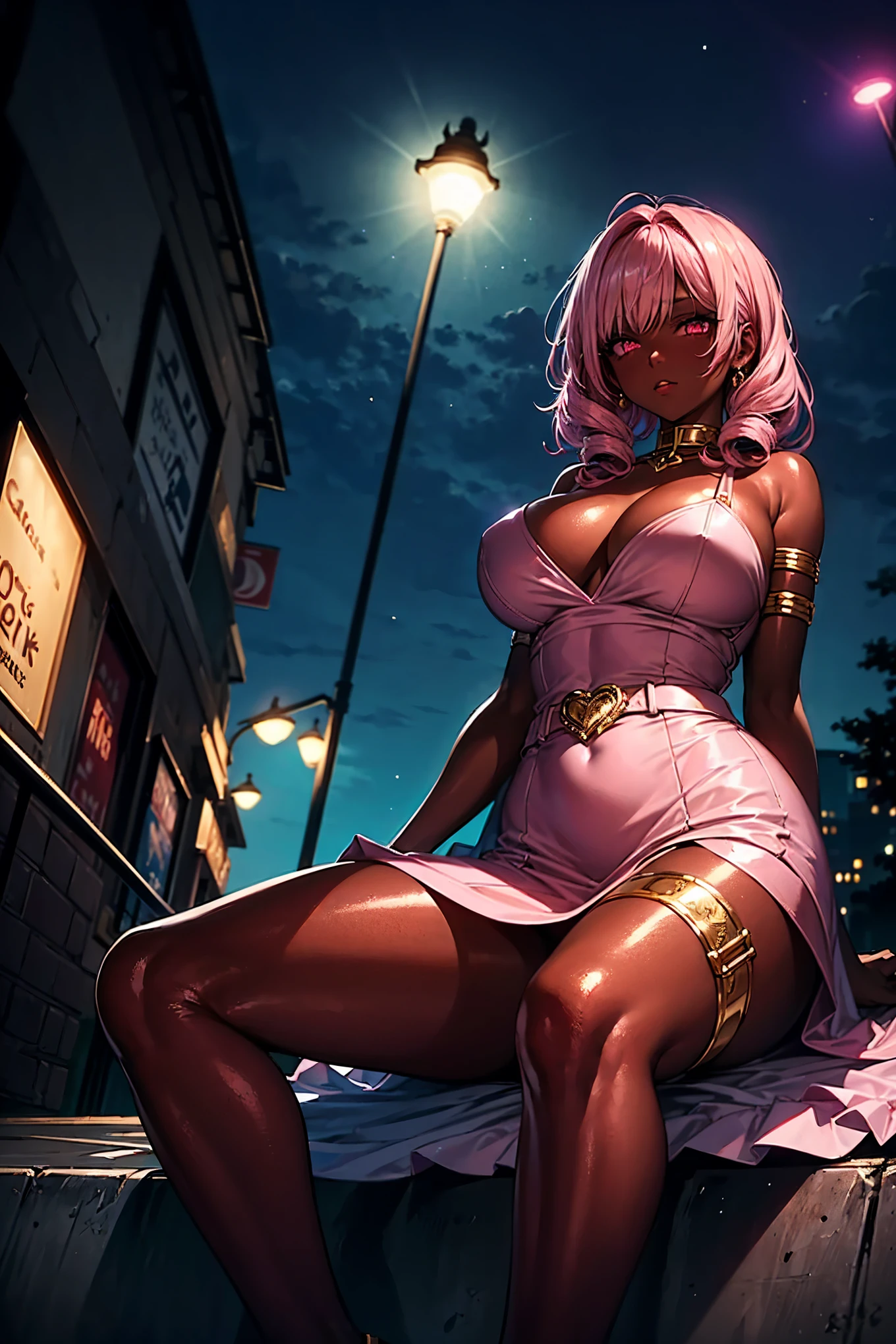 gold thigh garters, armlet, contrasting belt, glowing evil pink eyes, oily shiny dark skin, glistening gold, big bust, short pink hair, light pink dress, hair drills, broad hips, sitting on the street curb, view from below, upskirt, night city, streetlights, hot girl, ample cleavage