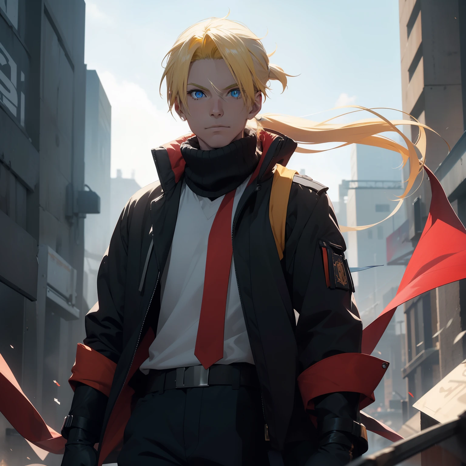 (26 years old), (male), Yellow hair, (Blue eyes), (ponytail), red scarf, White milliatry vest, sleeveless, Millitary black pants, black gloves, slim, Standing