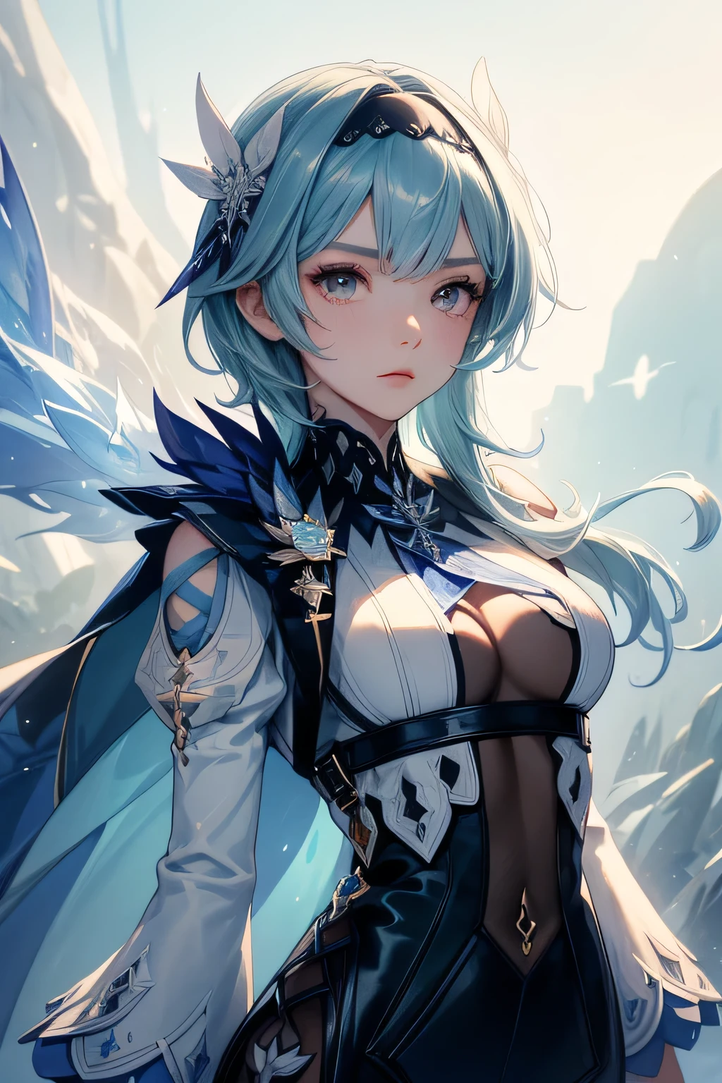 ((euladef)):1.5,((masterpiece,highest quality,Highly detailed images,Beautiful images))1.4(Image of eula with arms raised、arms behind head、Huge crystal crystal in the background、Overall dim lighting、Backlight、A fantastic atmosphere、Thick Fog、Dust flutters)1.3,(Close-up image of eula)1.1、(chest is emphasized、Great cleavage、Exposing cleavage、Turn your body towards the viewer):1.2
