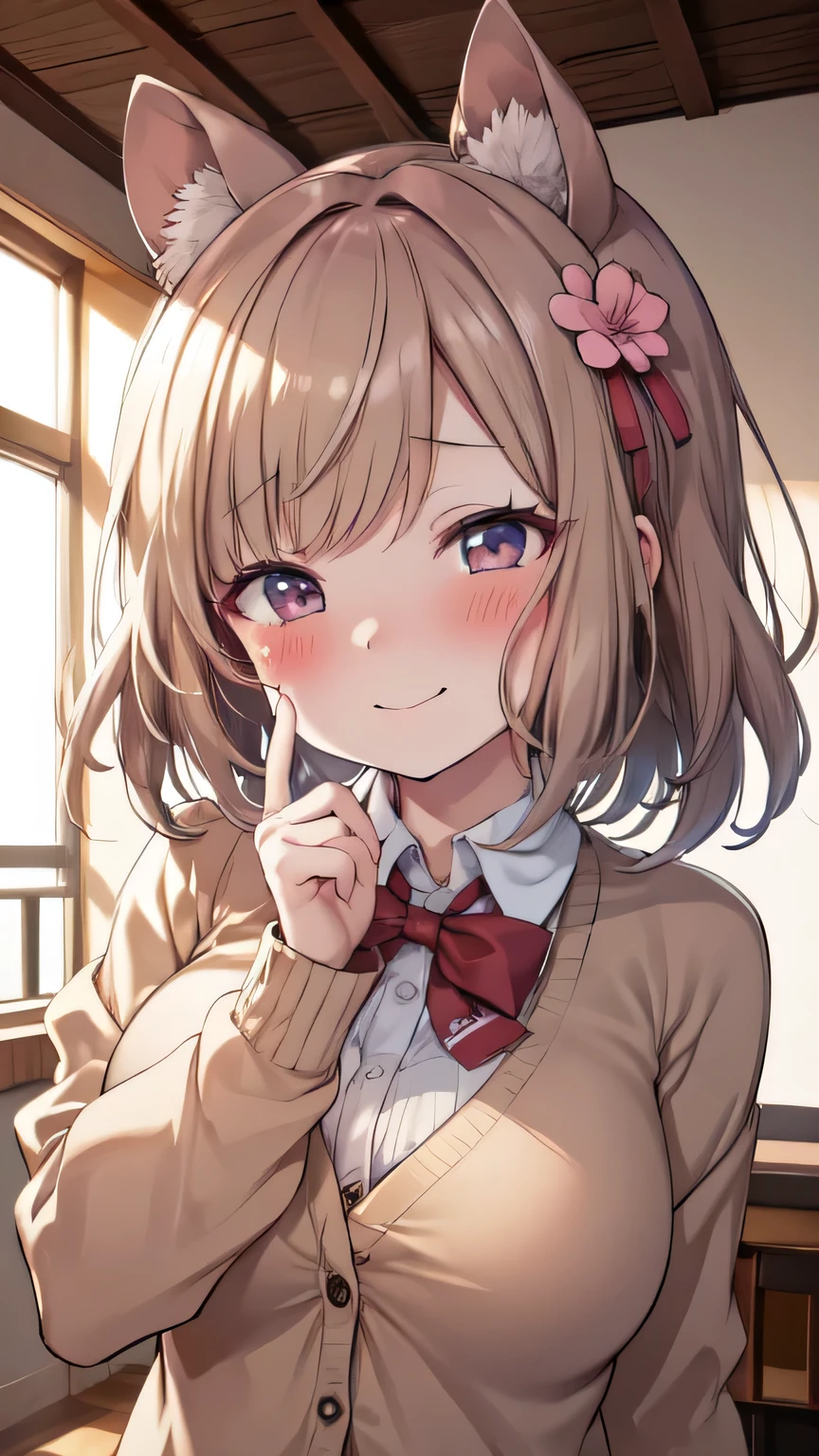 Very detailed、(8k, RAW Photos, highest quality, masterpiece:1.2), (Very detailed 8k wallpaper),shape、Professional Lighting,Sharp focus, Written boundary depth、
Browsing Caution、Clear Eyes、Perfect Anatomy、With a girl、、Big Breasts、(blush:1.5)、、(Beige cardigan:1.2)、White collar shirt、bow tie 、Micro Mini Skirt、、、,、imminent kiss,