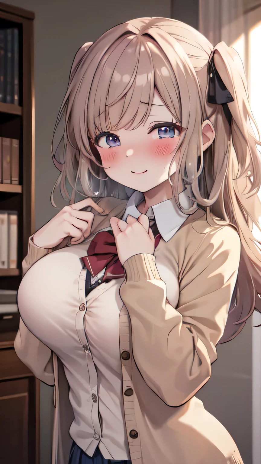 Very detailed、(8k, RAW Photos, highest quality, masterpiece:1.2), (Very detailed 8k wallpaper),shape、Professional Lighting,Sharp focus, Written boundary depth、
Browsing Caution、Clear Eyes、Perfect Anatomy、With a girl、、Big Breasts、(blush:1.5)、、(Beige cardigan:1.2)、White collar shirt、bow tie 、Micro Mini Skirt、、、,、imminent kiss,