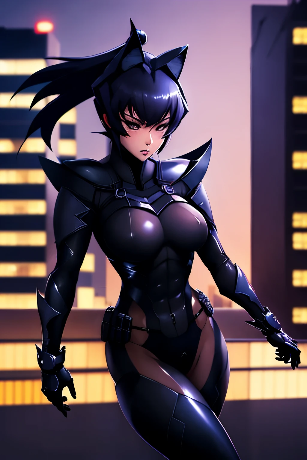 Meiya Mitsurugi, Batman, Batgirl, disfraz de batgirl, traje negro, capa negra, noche, ondeando, botas negras, ciudad, edificios, sobre un edificio, media noche,