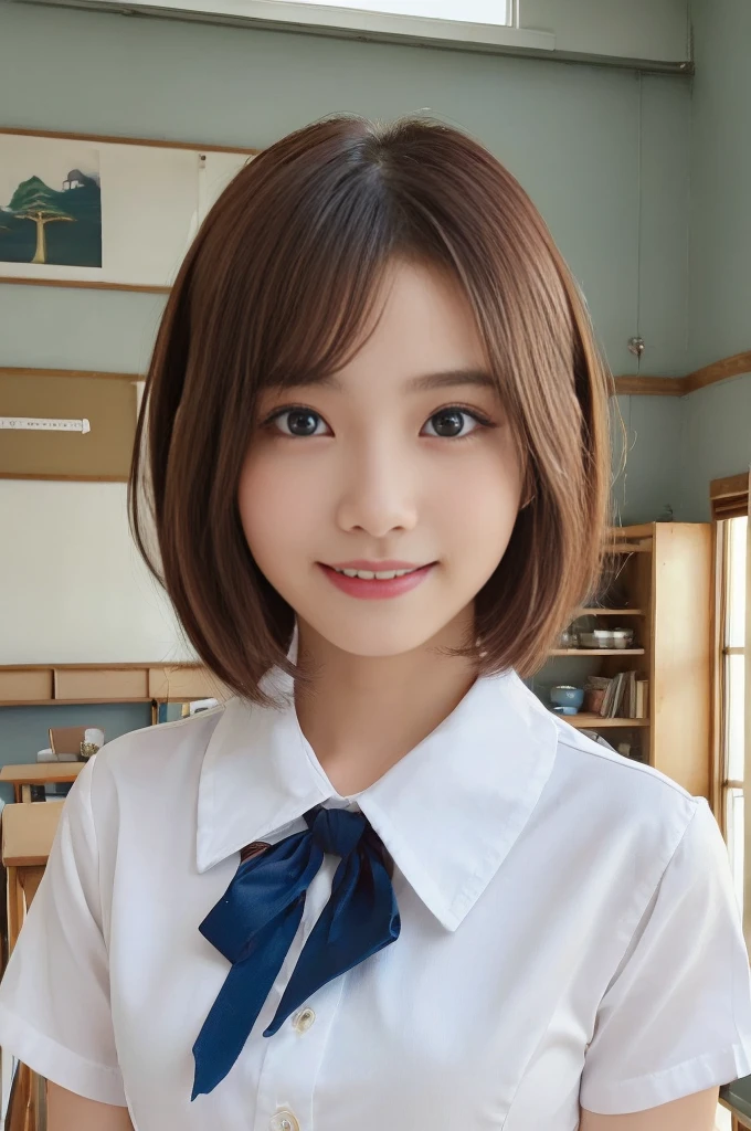 (best quality,4k,8k,highres,masterpiece:1.5),(ultra-detailed,realistic,photorealistic,photo-realistic:1.37),portrait,(looks ultra young Japanese girl,Incredibly Ultra Slim body:2.0),(cute breasts:1.25),(mesmerizingly beautiful face:1.5),(Close-up of her eyes:2.0++),(striking features,ultra cute and idol-like big smile:1.5),(distinctly expressive ultra beautiful eyes:2.0),beautifully shaped eyebrows,captivating gaze,delicately curved lips,natural rosy cheeks,vibrant charm,flawless and fair skin,subtle shading,realistic rendering,(She is wearing a summer junior high school uniform:1.5),(white shirt:1.5),(Blue Ribbon:1.5).(She has dark red hair:1.5),(ultra short hair:1.5),gently swaying,golden rays of sunlight gently illuminating the scene,elegant and graceful posture,creating a tranquil and serene atmosphere. She's in the classroom.
