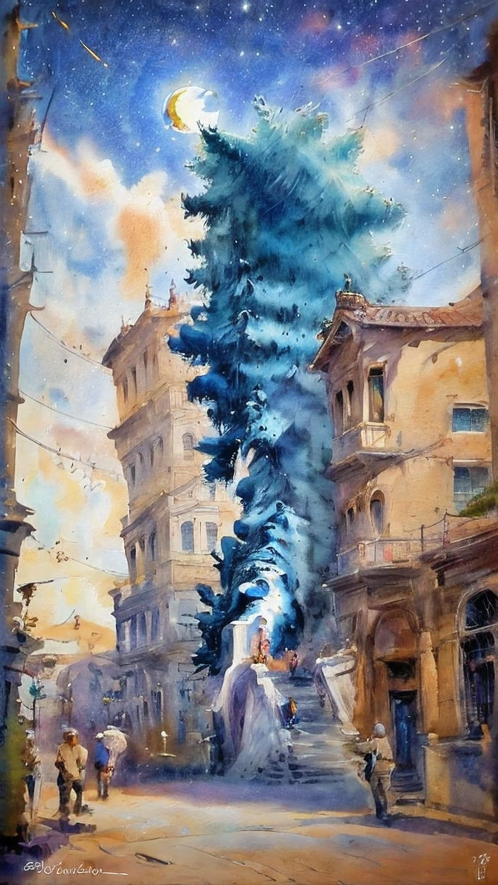 Description of the Work: Imagine a celestial landscape where the elements of nature merge in perfect harmony. In the center of the composition there is a majestic tree with golden leaves that shine like stars. The tree's branches stretch gracefully toward the sky, where the moon and stars twinkle in shades of blue and silver.
Colors and Textures: The color palette includes soft shades of blue, gold and silver, creating an ethereal and celestial atmosphere. The textures are subtle and fluid, with delicate brushstrokes that suggest movement and energy.
Elements of Nature: In addition to the central tree, the landscape is adorned with elements of nature, such as bright flowers, crystal clear streams and imposing mountains in the background. Each element is represented with precise detail and a sense of serenity and tranquility.
Emotional Expressions: The work conveys a feeling of peace and serenity, inviting the viewer to contemplate the beauty of nature and connect with the divine. The characters' expressions (if any) reflect a sense of admiration and reverence at the grandeur of the universe.
Technique and Style: The work is created with a traditional painting technique, using layers of oil paint on canvas to create depth and texture. The style is influenced by impressionism and symbolism, combining realistic elements with a poetic and metaphorical approach.
Meaning and Message: "Heavenly Harmony" represents the spiritual connection between man and nature, reminding us of the beauty and grandeur of the universe. The work invites the viewer to reflect on their own relationship with the divine and to find peace and inspiration in the beauty of creation.