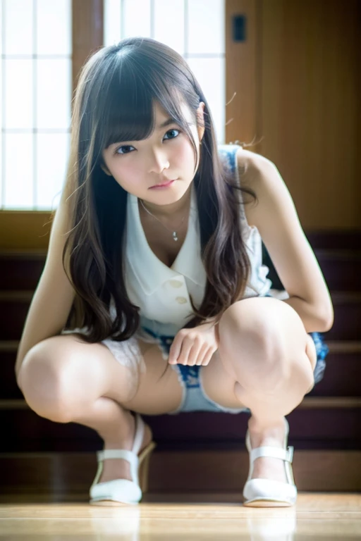 highest quality, masterpiece, Ultra-high resolution, (Realistic:1.4), RAW Photos, Full Body Shot, Front view, From below, One girl, The most famous Japanese idols, (Squatting on the stairs), Wearing a Japanese high , (Very cute face like the most popular Japanese idol, (very beautiful big eyes)), Very beautiful hair, Very beautiful skin, Very beautiful long eyelashes, Very beautiful lips, Very beautiful short body, , An innocent smile, View your viewers, Dynamic Pose, Detailed play area, Detailed matching of Japanese high school uniforms, White bra、(White panties)、((Spread your legs))、