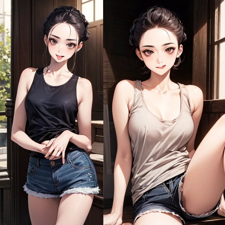 (masterpiece:1.2, highest quality), (Realistic, photoRealistic:1.4), Beautiful illustrations,
View your viewers, whole body, Front view:0.6,
1 girl, Japanese,, Hair fluttering,, bangs, amount,Beautiful Hair, Beautiful Face, Beautiful details, Beautiful clavicle, Beautiful body, Beautiful breasts, Beautiful thighs, Beautiful feet, Beautiful fingers,((Random scenery)),
((Random hairstyle:1.5)),((Tank top shorts)),((Tongue out)),((Chest 1:1)),((Forehead Baring))
