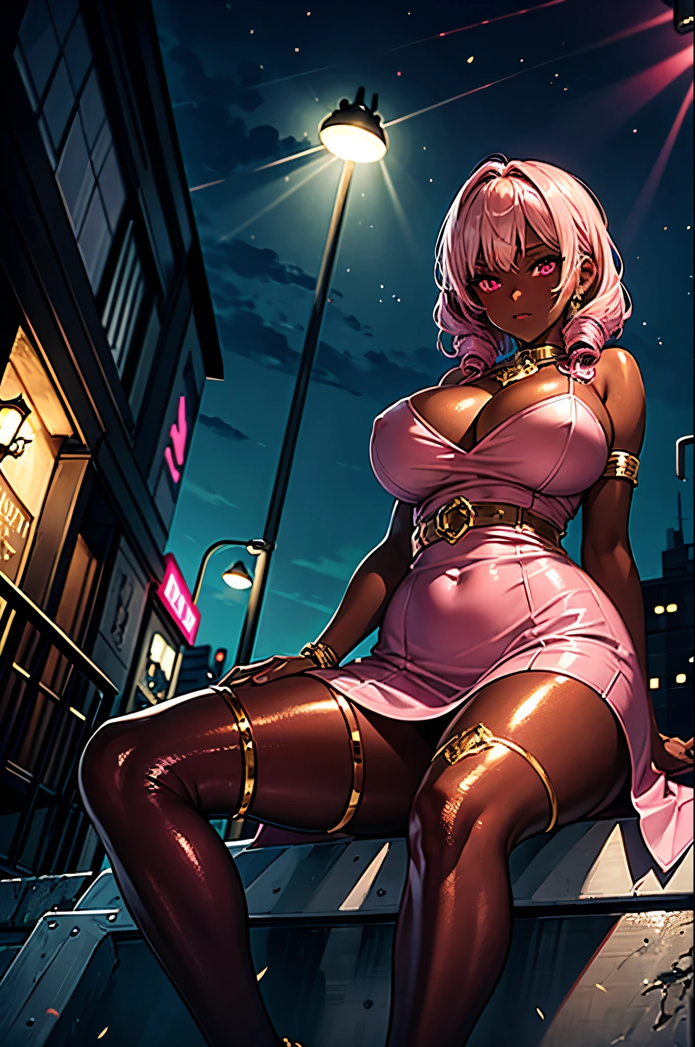 gold thigh garters, armlet, contrasting belt, glowing evil pink eyes, oily shiny dark skin, glistening gold, big bust, short pink hair, light pink dress, hair drills, broad hips, sitting on the street curb, view from below, upskirt, night city, streetlights, hot girl, ample cleavage