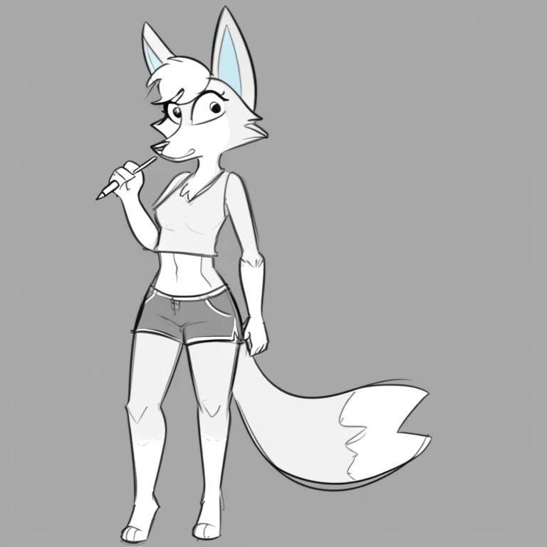 a cartoon anthropomorphic fox holding a pencil and standing upright on one foot, is standing still, solo, sketch, furry female, animal ears, wearing blue shorts, furry, 1girl, tail, monochrome, standing, english text, full body