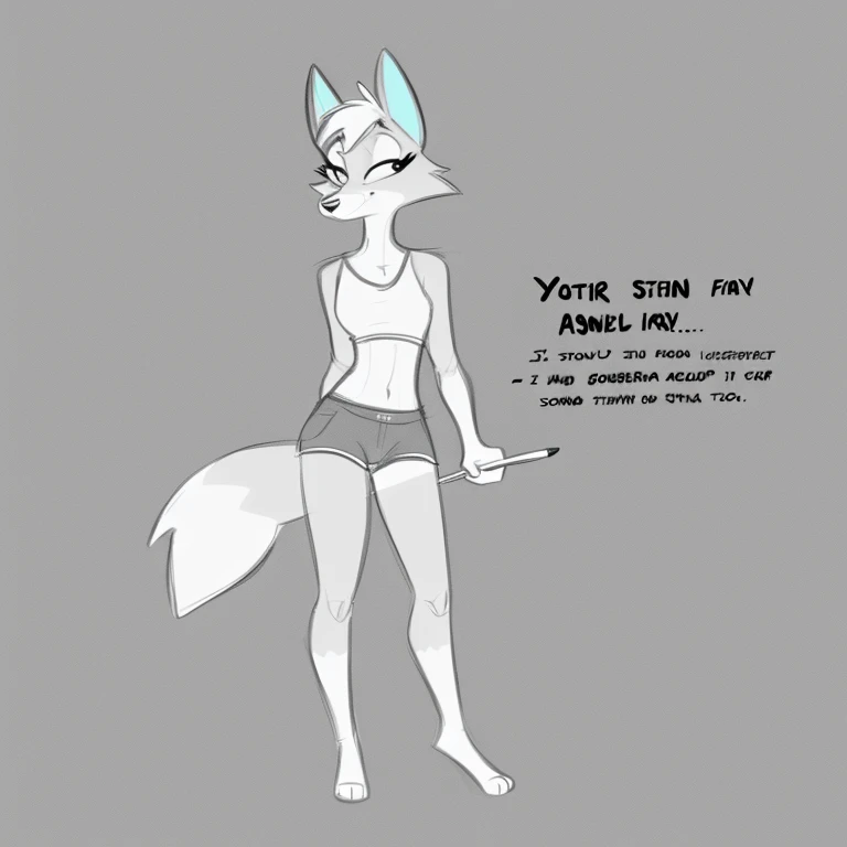 a cartoon anthropomorphic fox holding a pencil and standing upright on one foot, is standing still, solo, sketch, furry female, animal ears, wearing blue shorts, furry, 1girl, tail, monochrome, standing, english text, full body