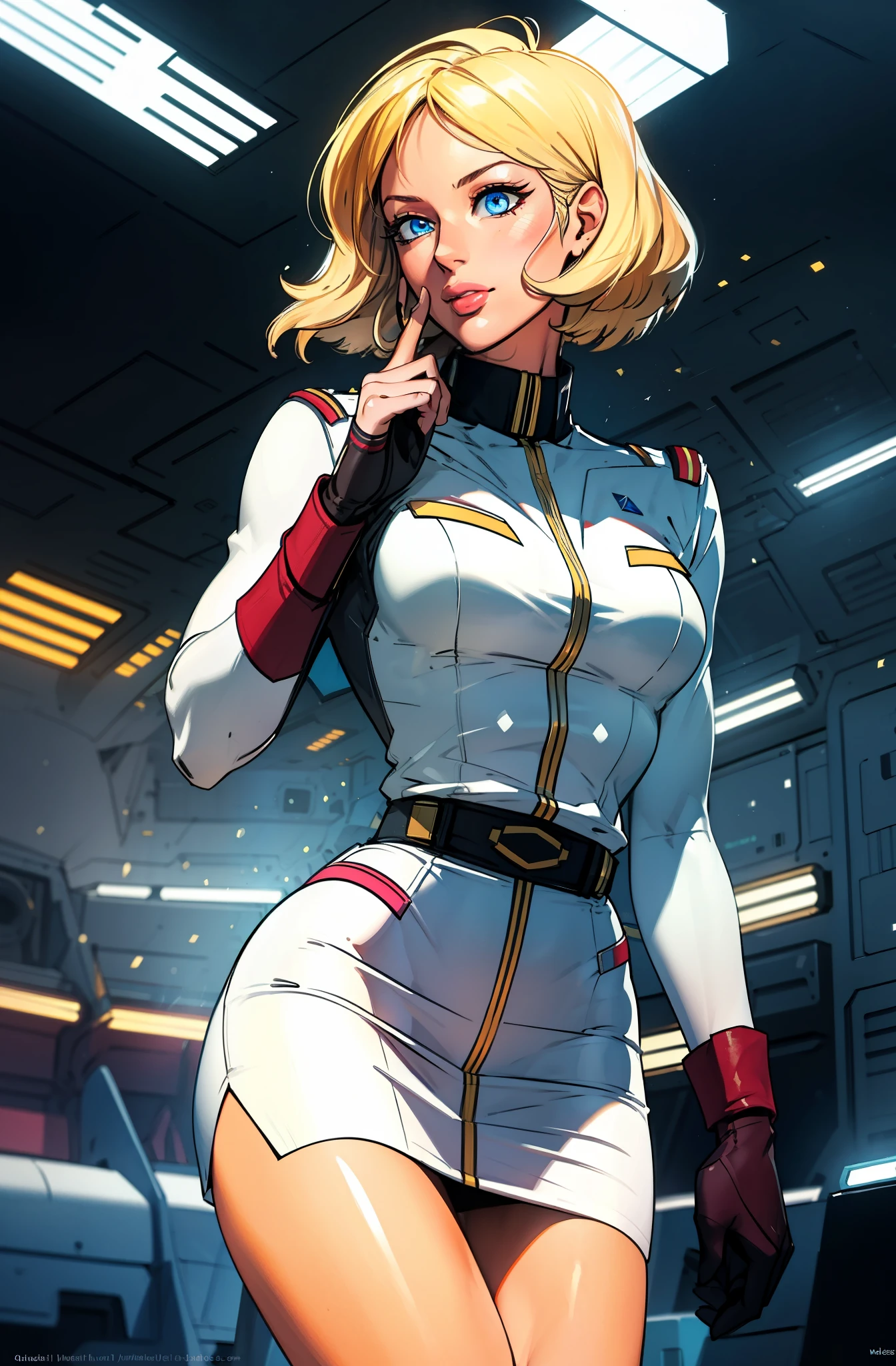 ((masterpiece)), ((cinematic lighting)), realistic photo、Real Images、Top image quality、1girl in, sayla mass, Elegant, masterpiece, Convoluted,Ultra mini skirt、wide hips, fit thighs, Best Quality, absurderes, high face detail, Perfect eyes, mature, Cowboy Shot, , Vibrant colors, White uniform, Skirt,