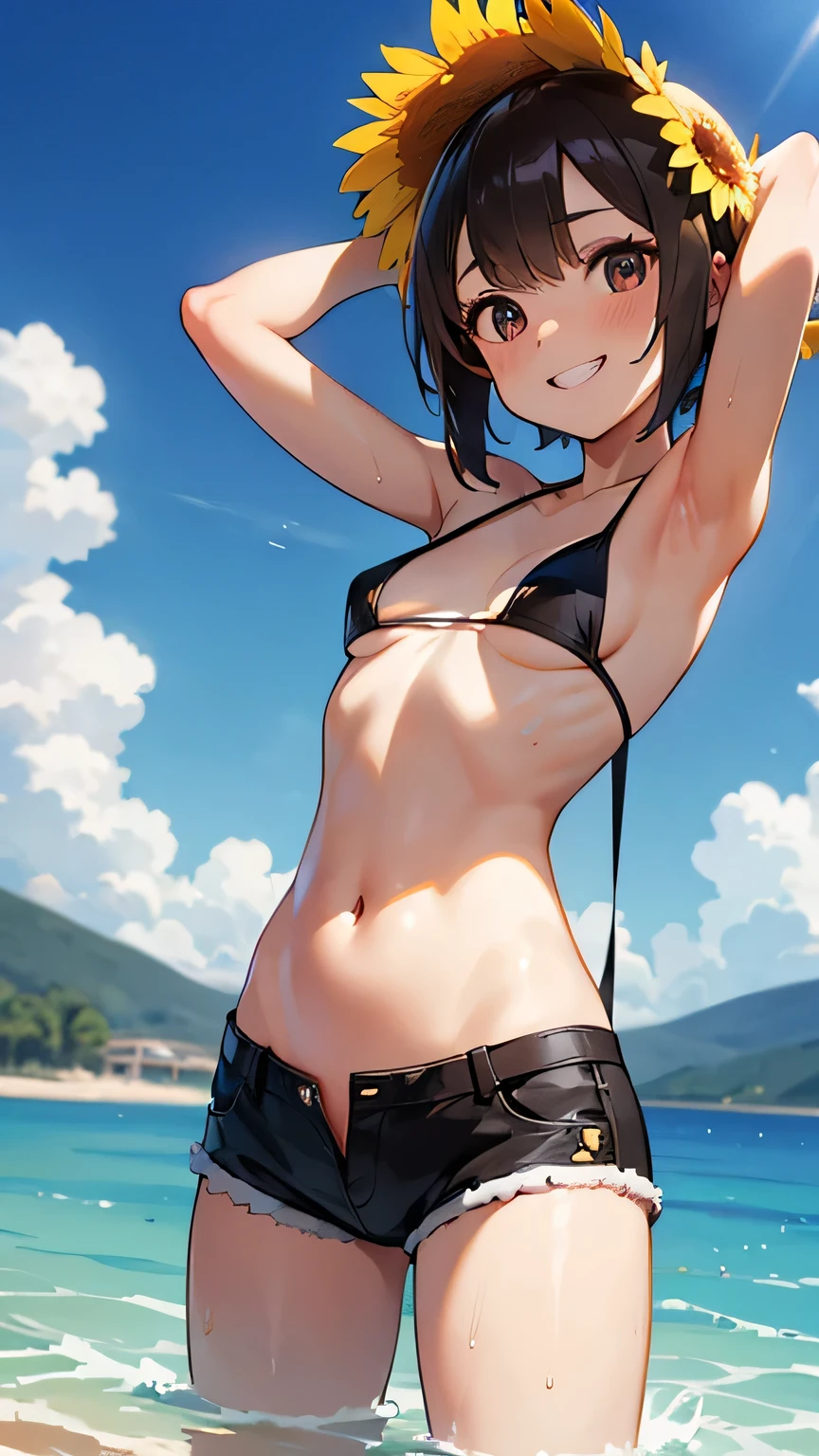 Best image quality,1People Girl,Brown Hair,short hair,Shiny Hair,black eye,Shining Eyes,smile,Double teeth,(Sunburn,Bikini Bag),sunflower,stream,Water Play,Wet,Tank top,Shorts,girl,small,small breasts,