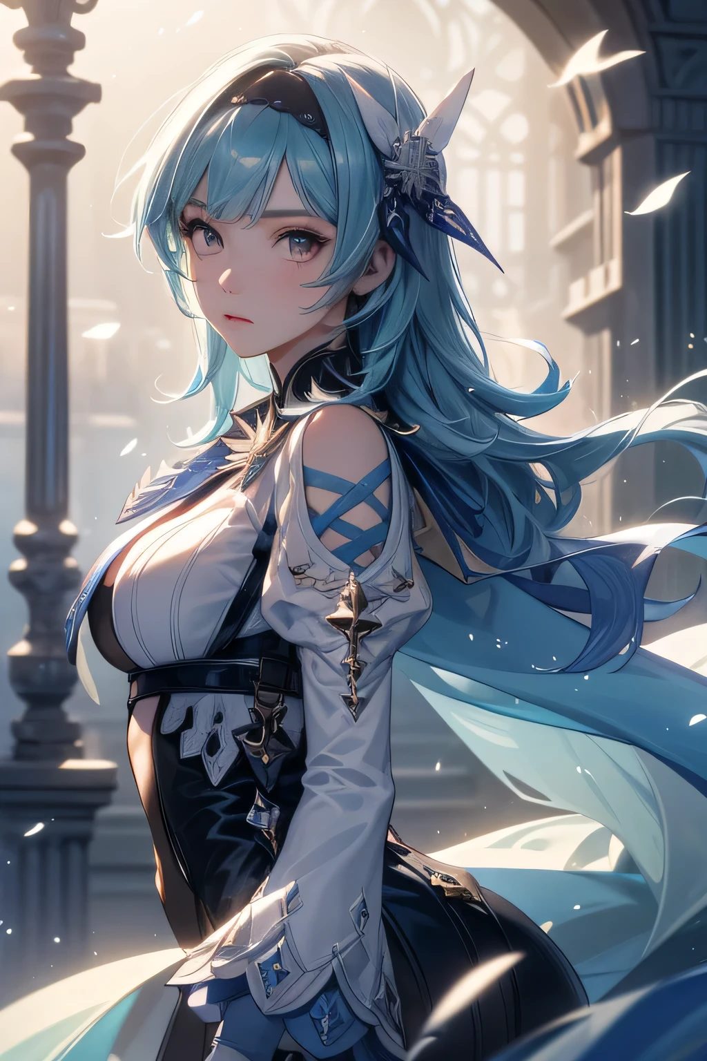 ((euladef)):1.5,((masterpiece,highest quality,Highly detailed images,Beautiful images))1.4(eu la images、arms behind head、Huge crystal crystal in the background、Overall dim lighting、Backlight、A fantastic atmosphere、Thick Fog、Dust flutters)1.3,(Close-up image of eula)1.1、(chest is emphasized、Great cleavage、Exposing cleavage、Turn your body towards the viewer):1.2