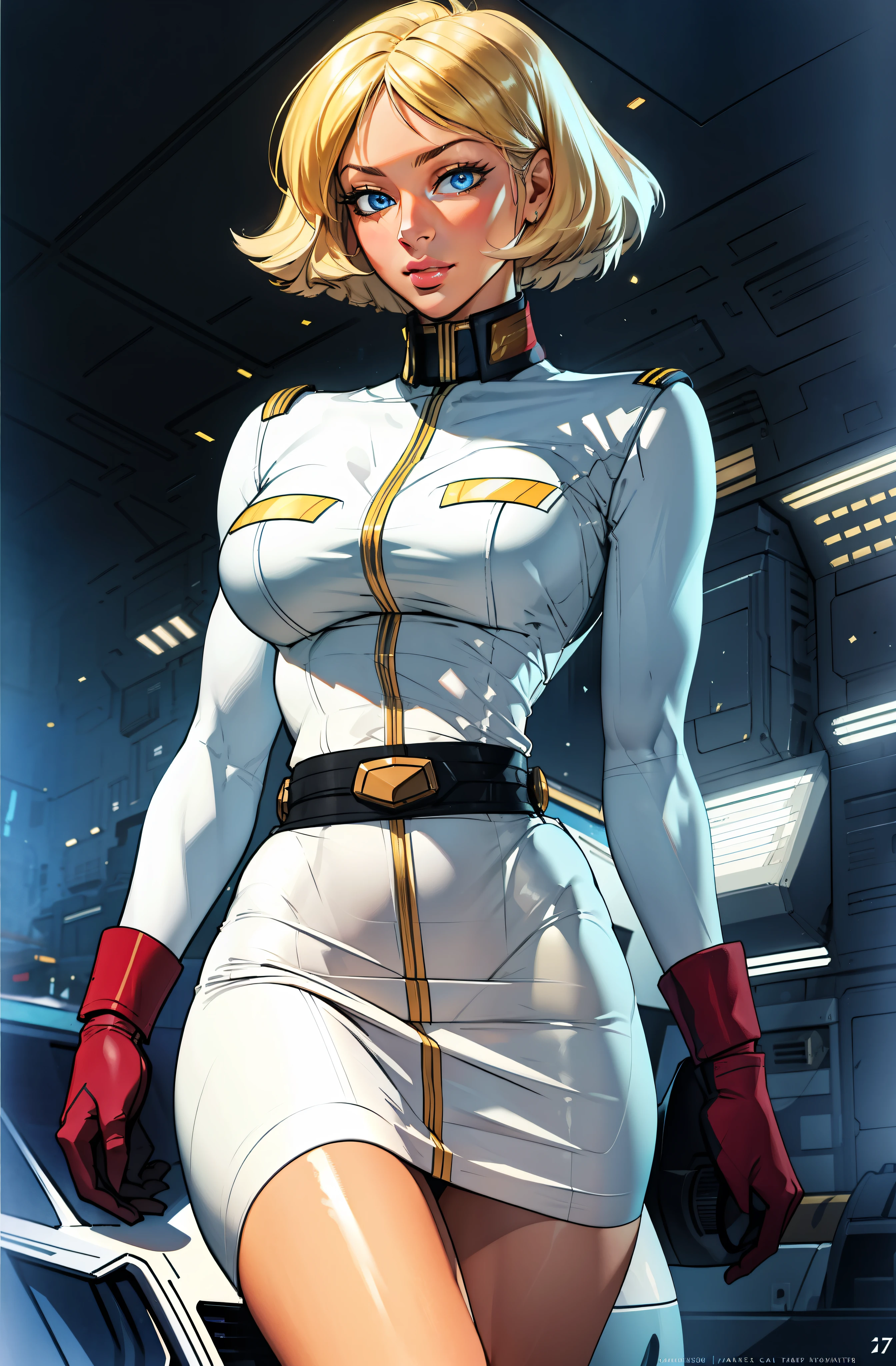 ((masterpiece)), ((cinematic lighting)), realistic photo、Real Images、Top image quality、1girl in, sayla mass, Elegant, masterpiece, Convoluted,Ultra mini skirt、wide hips, fit thighs, Best Quality, absurderes, high face detail, Perfect eyes, mature, Cowboy Shot, , Vibrant colors, White uniform, Skirt,