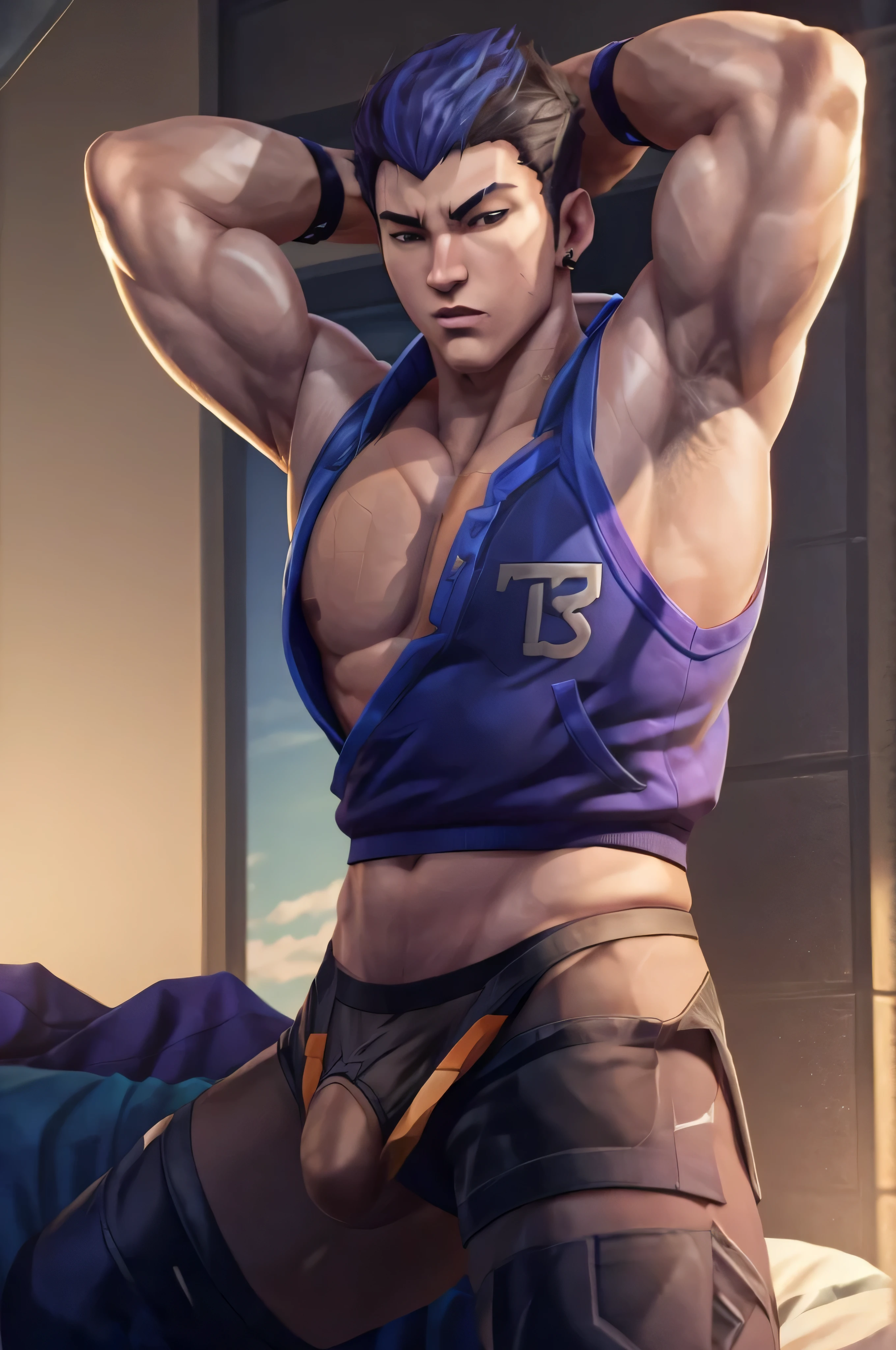 yoru valorant, tank top, armpit exposed, thick armpit hair, bedroom background, calvin Klein underwear