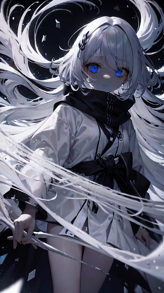 very long white hair、One eye is black、Expressionless、floating girl、Black gradient、Transparent feet、Black and white background、(masterpiece、highest quality)、Short nape hair、1 girl with very short white hair、Black cardigan、Grim expression、Grey Eyes、Warm lighting、 Blurred foreground、Deep in the night、High Contrast、night,snowing,Heavy snowfall,winter,Alone in the vast snowy field,whole body,curse,Facing forward,Huge construction,moon,blue sky,colorful,Shining blue eyes,Shortcuts