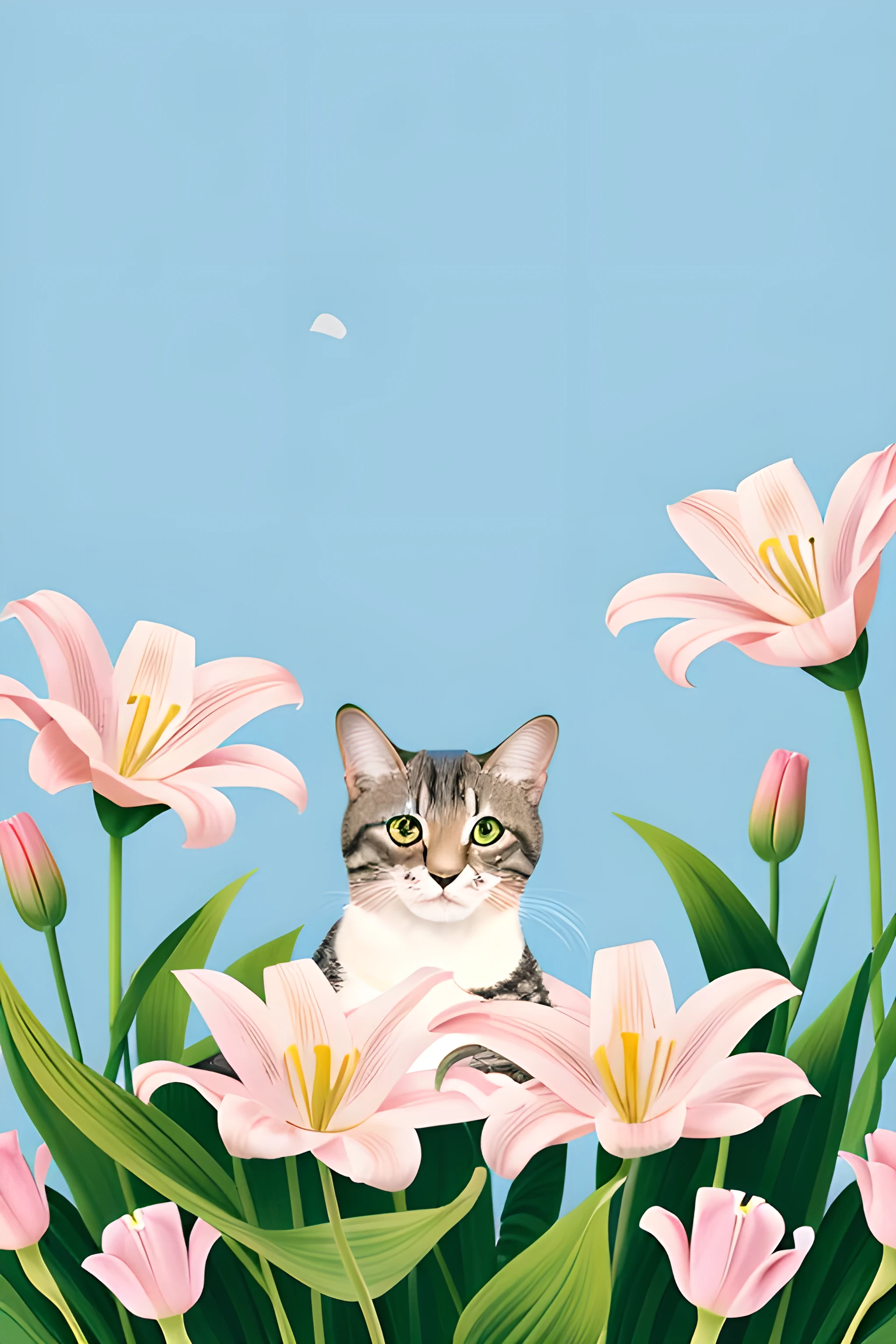a digital painting that features a portrait of a cat, set against the backdrop of the petals of an oversized lily. The flower, with its green stamens and elongated leaves, creates a dreamy atmosphere. Render the scene in soft hues of light pink and sky blue, incorporating elements of cartoon characters and vector graphics to enhance the whimsical nature of the illustration. The style of the artwork should draw inspiration from award-winning illustrators, resulting in a piece that is both visually stunning and emotionally engaging. --s 250 --v 6.0