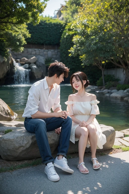 anime couple sitting on rocks in front of a house, HD, Chibi, kawaii, a photorealistic painting inspired by Makoto Shinkai, trends in the CG society, realism, realistic 3D anime style, couple pose, artwork in the style of Guweiz, Sakimichan and Makoto Shinkai, Makoto Shinkai and Artgerm, trends in cgstation, photorealistic anime, C4D