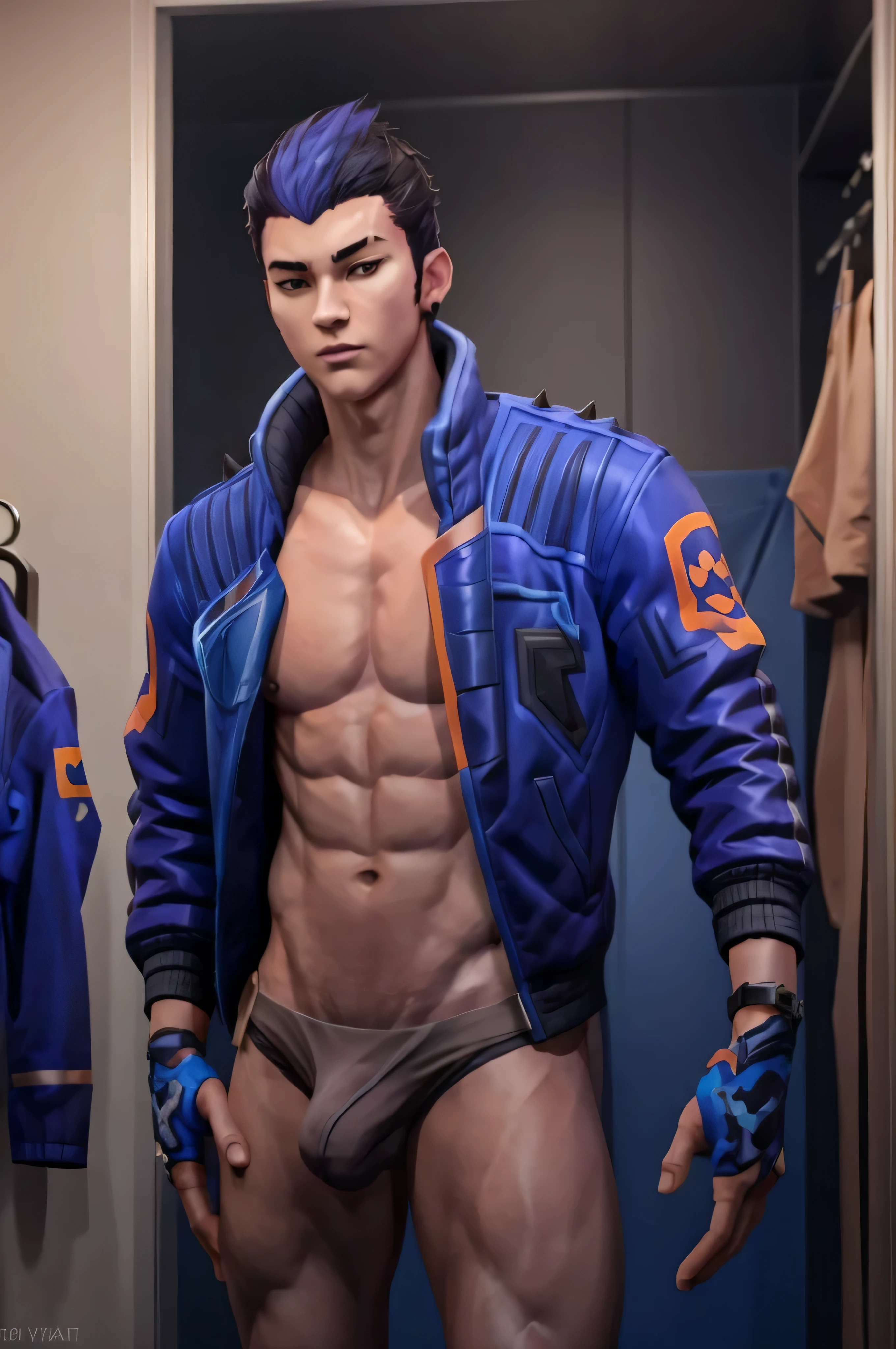 yoru valorant, shirtless, fully shirtless, jacket, fitting room background, thin underwear