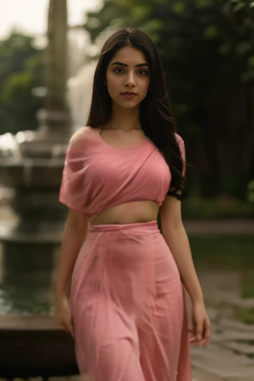 "Create a high-quality image featuring a realistic depiction of a girl wearing a pink saree draped in the Nivi style. Focus on intricate details, particularly the pleats tucked at the center of the waist, emphasizing the slimming effect. Pay special attention to crafting the girl's eyes and face, ensuring a lifelike appearance. Set the scene against a beautiful fountain background, adding a touch of elegance and serenity to the composition. Your goal is to capture the essence of the Nivi saree draping style, conveying a sense of grace and charm in this magical moment. detailed face, detailed body, detailed background