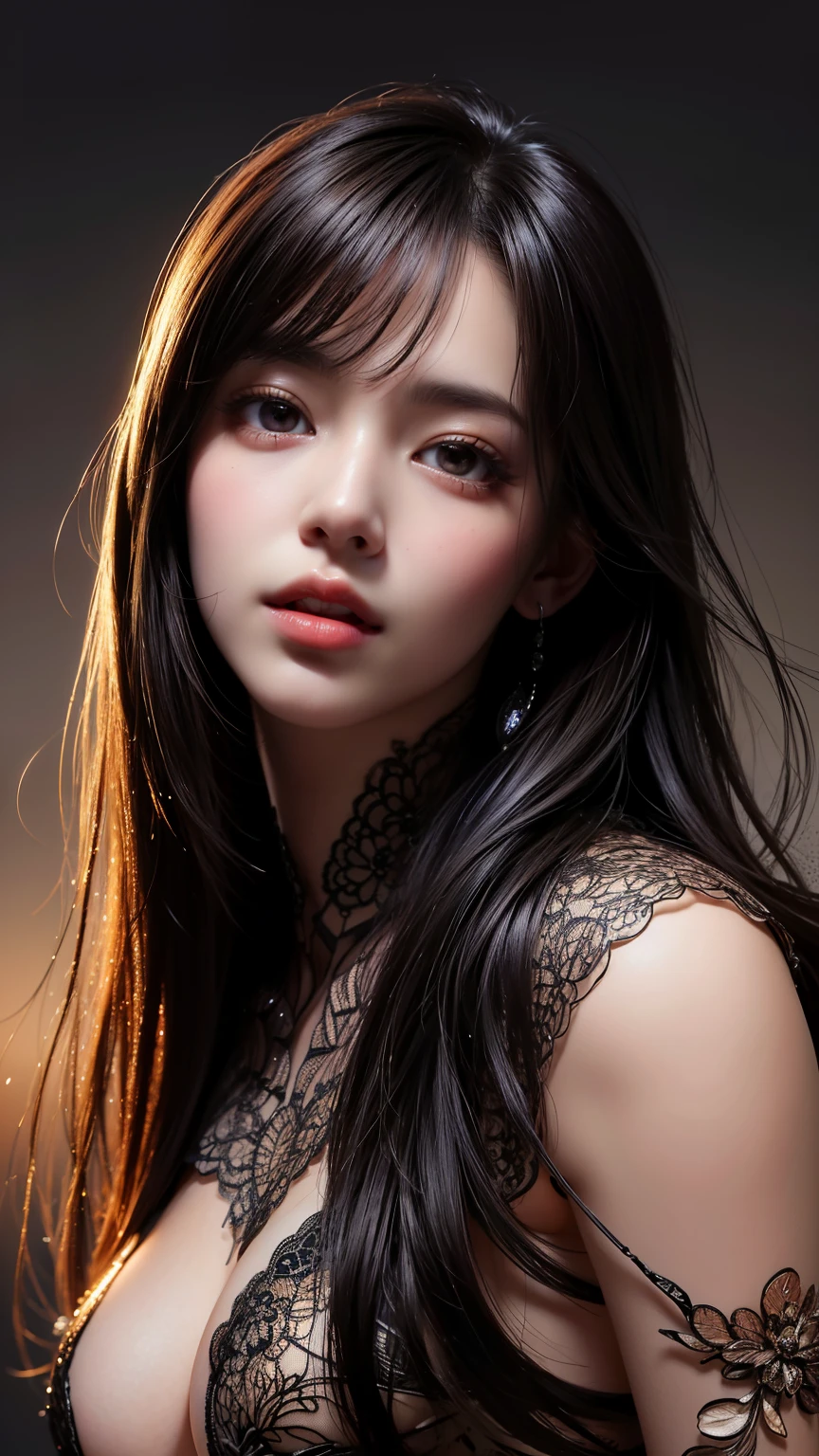 (Ultra Realistic), (Illustration), (Increased Resolution), (8K), (Extremely Detailed), (Best Illustration), (Beautiful and Detailed Eyes), (Best Quality), (Ultra Detailed), (Masterpiece ), ( wallpaper), (detailed face), solo, 1 girl, looking at viewer, fine details, detailed face, in the dark, deep shadows, low key, pureerosfaceace_v1, smiling, long hair, black shawl straight hair , 46 points oblique bangs