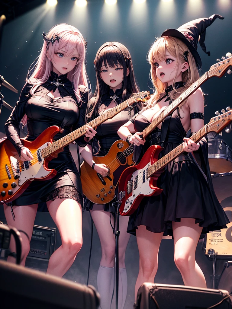 A three-woman metal band dressed in witch costumes、Arrived in Japan and held a mass at a live venue、Neck slashing pose、The intense performance was a huge success、Metal band performance、Fearless expression、Live venue lighting、The band&#39;s concept was a reaction to the witch hunts that swept through medieval Europe.、Guitar 1