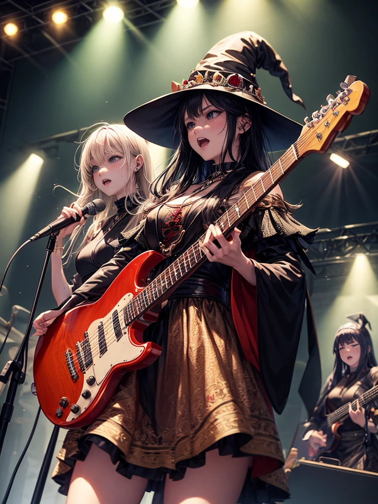 A three-woman metal band dressed in witch costumes、Arrived in Japan and held a mass at a live venue、Neck slashing pose、The intense performance was a huge success、Metal band performance、Fearless expression、Live venue lighting、The band&#39;s concept was a reaction to the witch hunts that swept through medieval Europe.、Guitar 1