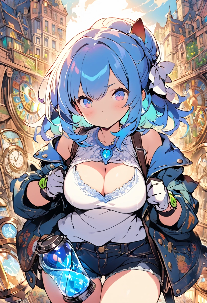 8k_wallpaper, extremely detailed eyes, extremely detailed body, (large masterpiece digital art), (detailed manga illustration), (detailed line art), ((perfect anatomy)), (intricate details:1.3), (ultra-detailed:1.3), (illustration:1.3), (sharp focus:1.3), (natural lighting:1.05), (vivid colors:1.3), (masterpiece), best quality, expressive eyes, perfect face, 1 girl, breasts, cleavage, gloves, large breasts, casual clothes, white shirt, tee shirt, denim jacket, jacket, {blue hair}, medium hair, wavy hair, (gray eyes), hourglass physique, casual outfit, black denim shorts, shorts, dynamic pose, Huge ass, dynamic lighting, beautiful Latin woman, curvy, fur trim, hair bun,