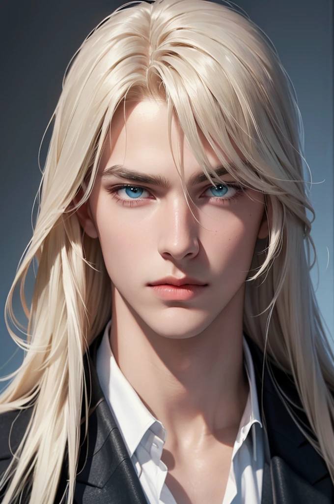 2 men standing facing each other. A tall, handsome, statuesque, courageous young man is platinum blond, he has tanned skin, long straight platinum hair, blue eyes, he is dressed in an expensive suit, he is facing another young man, he has long straight platinum hair, long bangs, green eyes, he is dressed in rocker clothes. Masterpiece, detailed study of the face, beautiful face, beautiful facial features, perfect image, realistic shots, detailed study of faces, full-length image, 8k, detailed image. an extremely detailed illustration, a real masterpiece of the highest quality, with careful drawing.