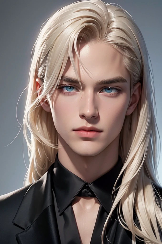 2 men standing facing each other. A tall, handsome, statuesque, courageous young man is platinum blond, he has tanned skin, long straight platinum hair, blue eyes, he is dressed in an expensive suit, he is facing another young man, he has long straight platinum hair, long bangs, green eyes, he is dressed in rocker clothes. Masterpiece, detailed study of the face, beautiful face, beautiful facial features, perfect image, realistic shots, detailed study of faces, full-length image, 8k, detailed image. an extremely detailed illustration, a real masterpiece of the highest quality, with careful drawing.