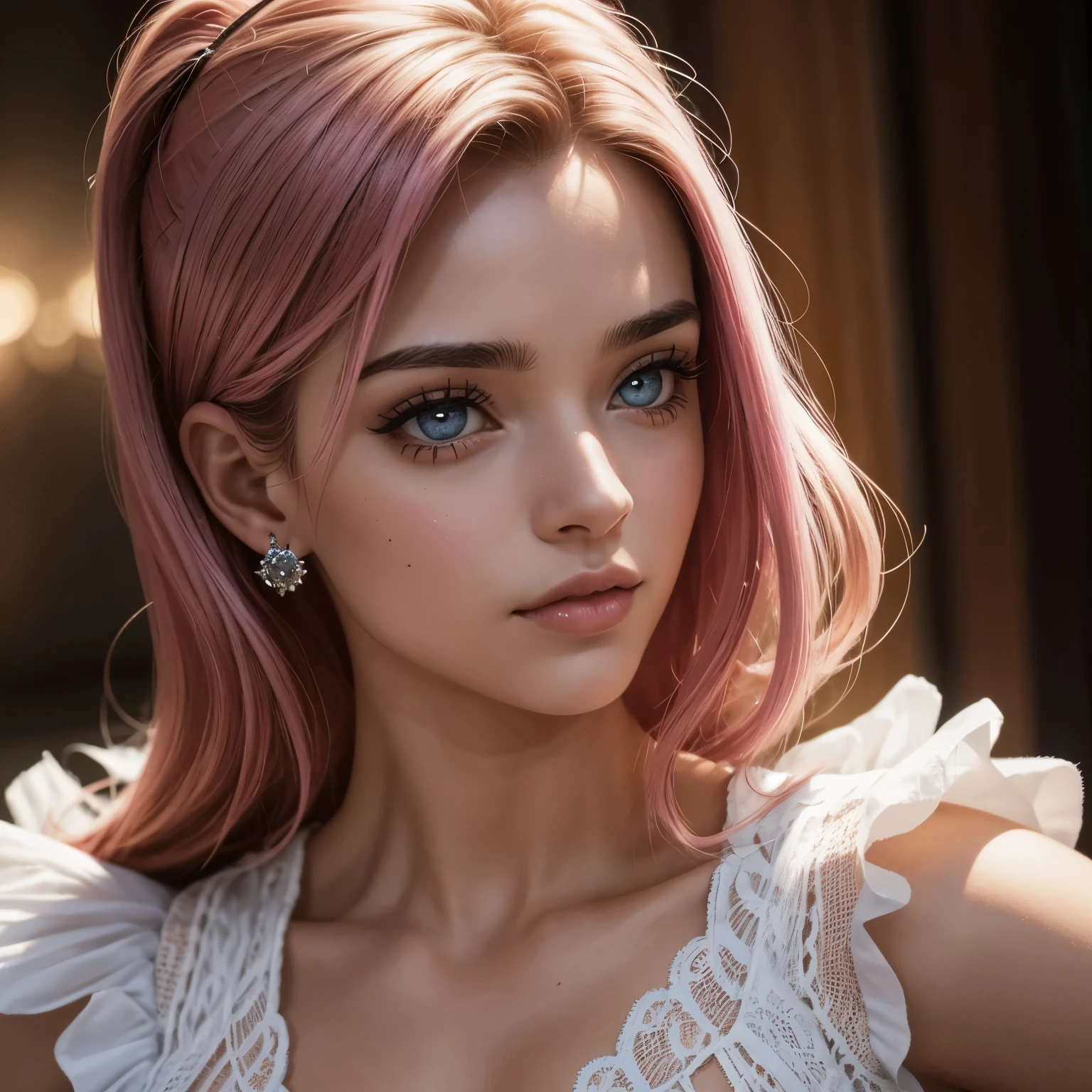 Adult fictional woman, tom de pele moreno, com o maxilar definido, piercing de bolinha no nariz, nariz empinado, medium mouth, olhos castanhos escuros, com o cabelo repartido ao meio longos e pretos.