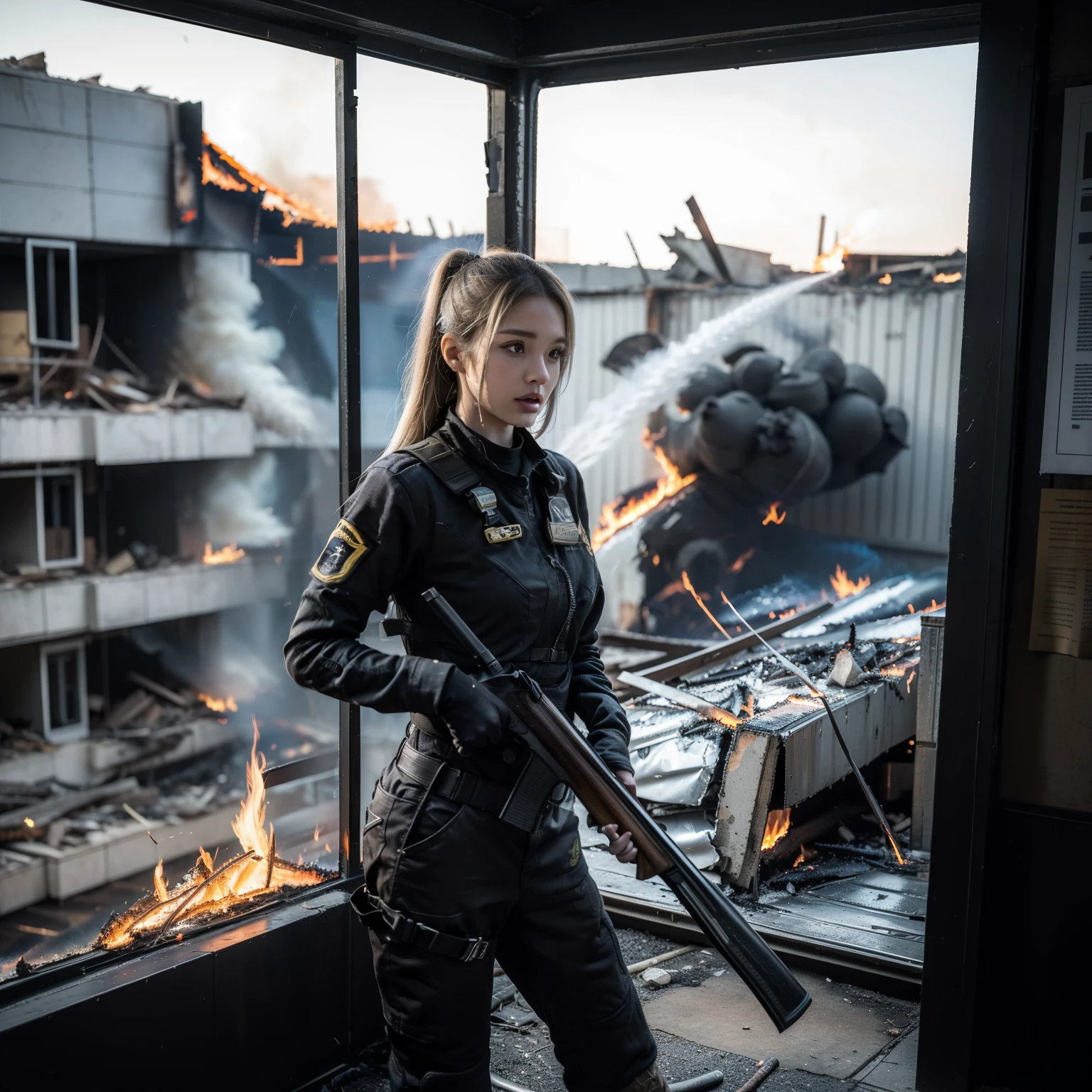 (A female soldier with a strong body)、(((Fire your shotgun to kill aliens:1.4)))、solo:1.4、(black combat uniform)、(platinum-blonde-hair:1.2)、Has a variety of weapons、Running through the rubble、((Ultra A high resolution))、write in detail、masterpiece、top quality、Extremely detailed CG、8K quality、movie lights、lens flare、(Night Battles)、((From inside the building to the outside))、hyper detailing、alien wreck、cowboy shot:1.4、diagonally behind、from above 、(hk416)、spin、detailed gun description、Guns with perfect detail、Distortion-free barrel