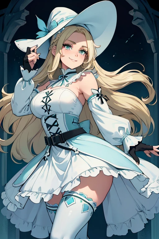 female, blonde long hair, green eyes, (((1girl))), (((white gothic dress with light blue trim))), (black fingerless gloves), (white witch's hat with light blue trim), (black belt), (white stockings), (white boots), cute and sexy, full body, large breasts, large butt, long legs, smiling