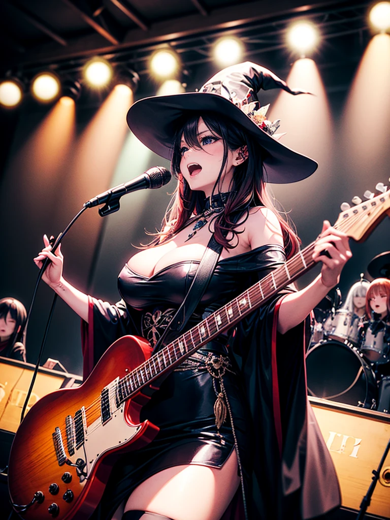 A three-woman metal band dressed in witch costumes、Arrived in Japan and held a mass at a live venue、Neck slashing pose、The intense performance was a huge success、Metal band performance、Fearless expression、Live venue lighting、The band's concept was a reaction to the witch hunts that swept through medieval Europe.、Guitar 1