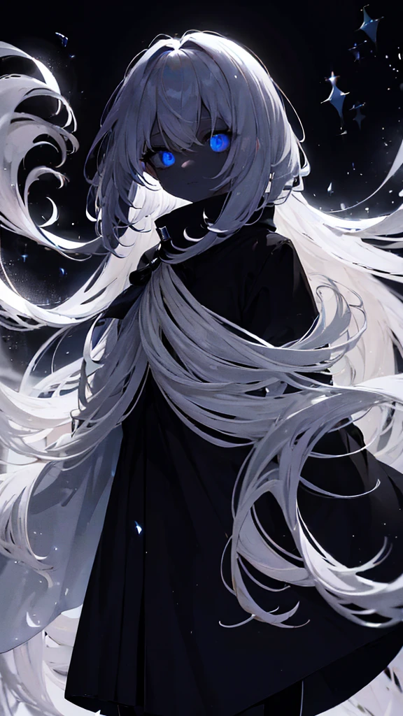 very long white hair、One eye is black、Expressionless、floating girl、Black gradient、Transparent feet、Black and white background、(masterpiece、highest quality)、Short nape hair、1 girl with very short white hair、Black cardigan、Grim expression、Grey Eyes、Warm lighting、 Blurred foreground、Deep in the night、High Contrast、night,snowing,Heavy snowfall,winter,Alone in the vast snowy field,whole body,curse,Facing forward,Huge construction,moon,blue sky,colorful,Shining blue eyes,Shortcuts,Short Hair