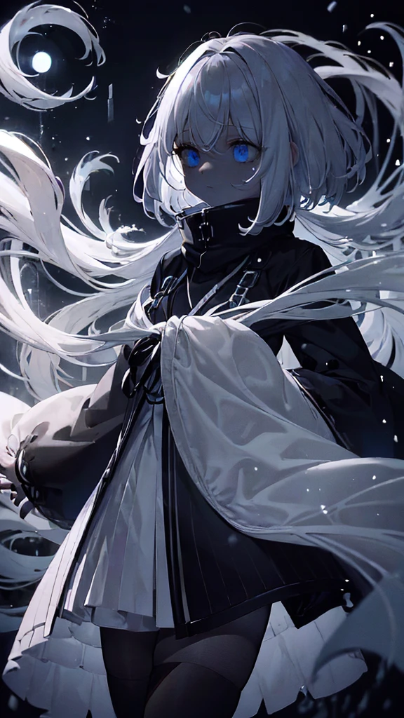 very long white hair、One eye is black、Expressionless、floating girl、Black gradient、Transparent feet、Black and white background、(masterpiece、highest quality)、Short nape hair、1 girl with very short white hair、Black cardigan、Grim expression、Grey Eyes、Warm lighting、 Blurred foreground、Deep in the night、High Contrast、night,snowing,Heavy snowfall,winter,Alone in the vast snowy field,whole body,curse,Facing forward,Huge construction,moon,blue sky,colorful,Shining blue eyes,Shortcuts,Short Hair