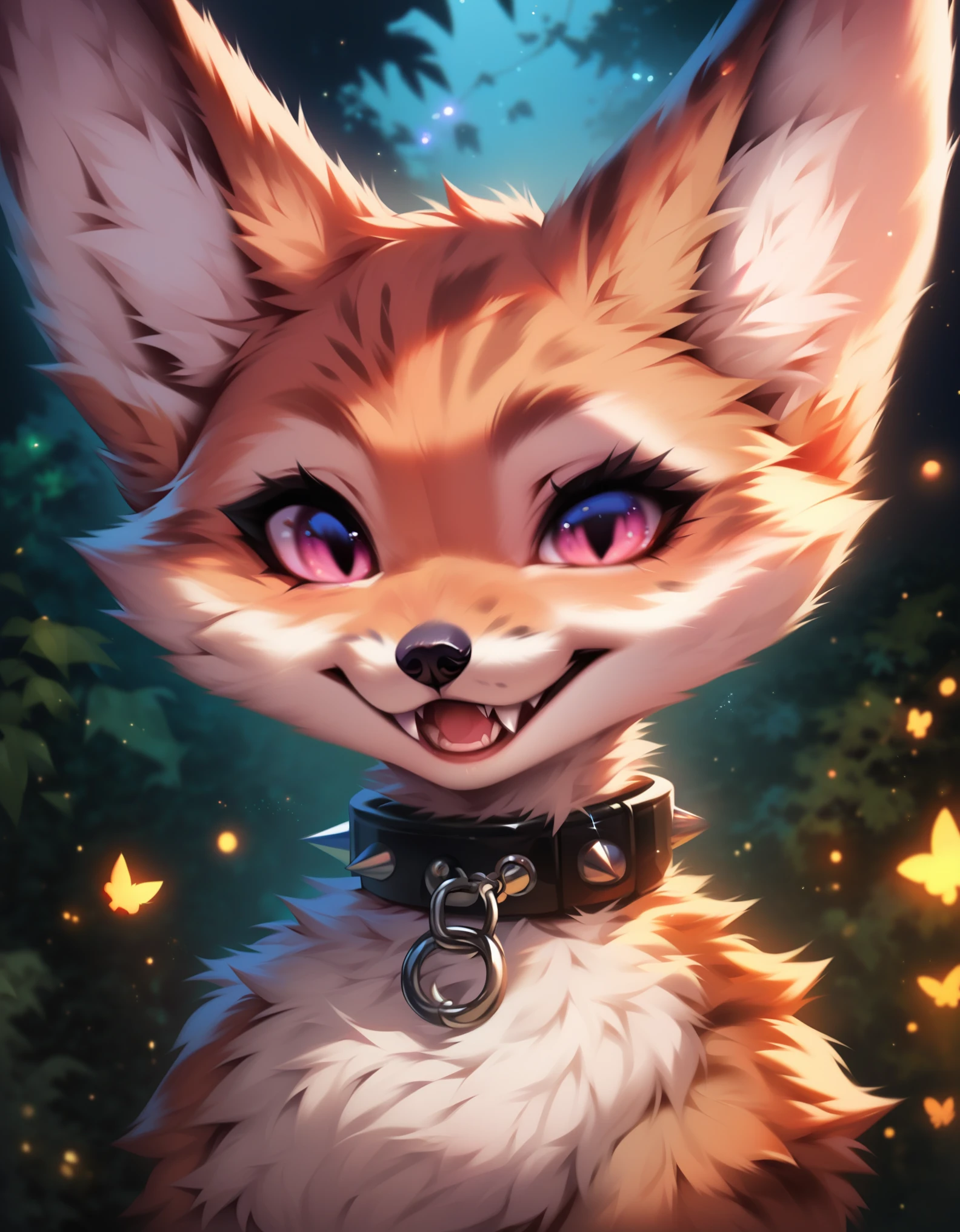 score_9, score_8_up, score_7_up, score_6_up, rating safe, source furry, vulpera, female, solo, cute expression, multicolored body, black nose, cute fangs, pink eyes, spiked collar, detailed background, forest, night, front view, grey fur