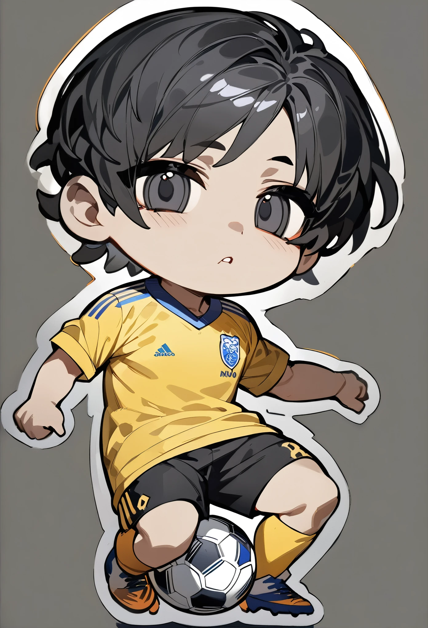 (best quality, masterpiece),(Masterpieces),(Super detailed),(Detailed description of the eyes:1.0),(best quality, masterpiece),(Masterpieces),(Super detailed),(Detailed description of the eyes:1.0),chibi style,Black hair, dark eyes, short hair，asian man, clear outline，Show whole body， Male soccer player，Jersey，Black shorts，Dribbling moves，No background， Male soccer player，yellow Jersey，Black shorts，Dribbling moves，No background