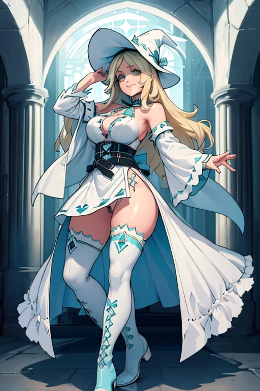 female, blonde long hair, green eyes, (((1girl))), (((white gothic dress with light blue trim))), (black fingerless gloves), (white witch's hat with light blue trim), (black belt), (white stockings), (white boots), cute and sexy, full body, large breasts, large butt, long legs, smiling
